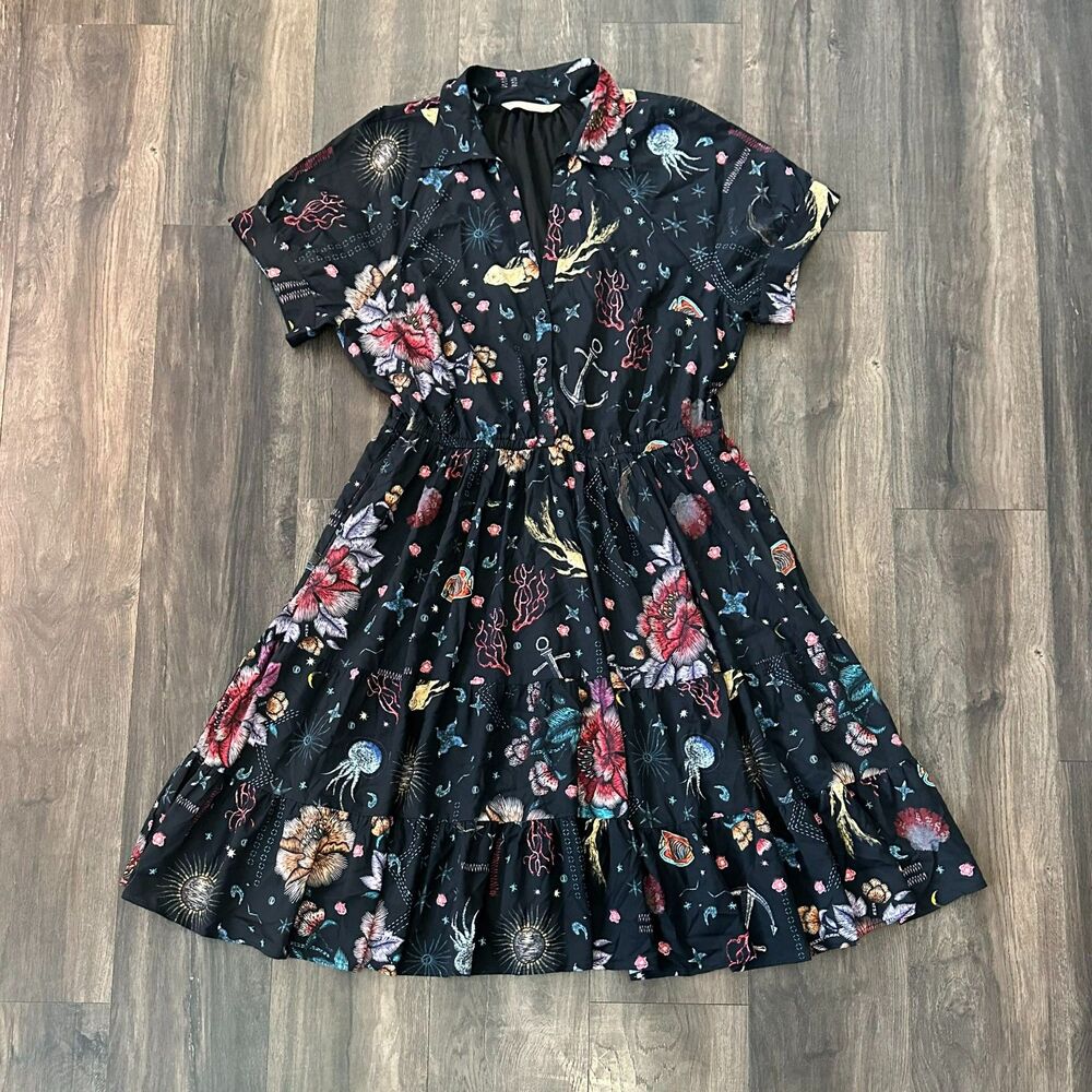 Wayward Fancies Eshakti Dress Floral Ocean Fish Short Sleeve Lined Midi 2X/20W